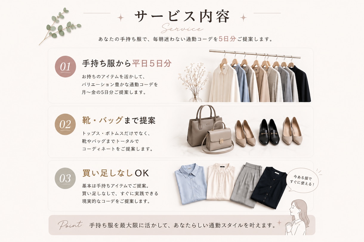 手持ち服の写真から、通勤コーデを5日分考えます 手持ち服で、毎朝迷わない通勤コーデをご提案 イメージ2