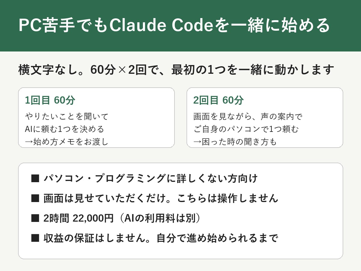 PC苦手でもClaude Codeを一緒に始めます 初心者向け｜横文字なしで使い方と最初の1つまで イメージ1