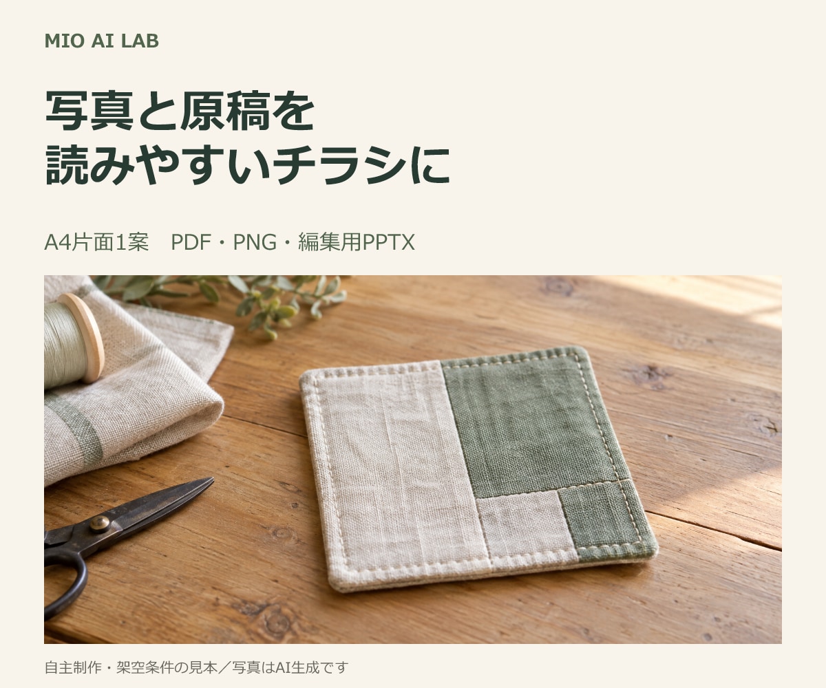 写真と原稿からチラシを読みやすく仕上げます 作品や商品を主役に、文字を後から直せるデータで納品 イメージ1