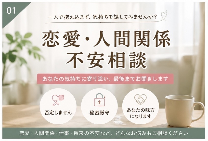 恋愛・不安・悩み相談お受けします 安心して話せる場所、明日の自分の為に イメージ1
