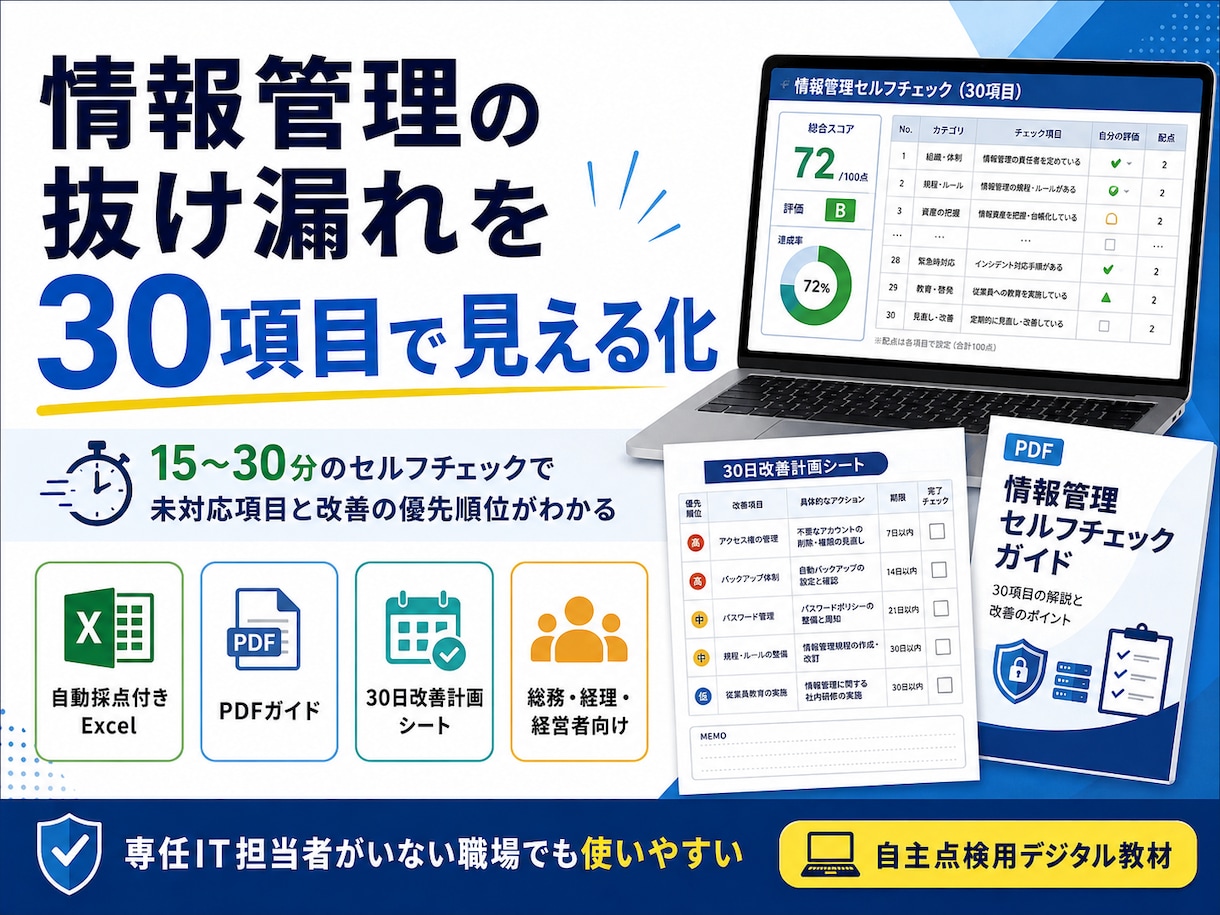情報管理の抜け漏れを30項目で見える化します 15〜30分のセルフチェックで未対応項目と改善の優先順位整理 イメージ1