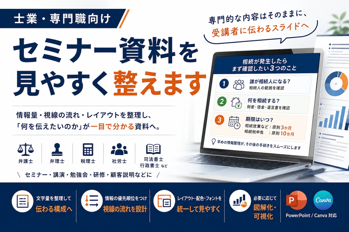 士業・専門職のセミナー資料を見やすく整えます 専門的な内容はそのままに、受講者に伝わるスライドへ イメージ1