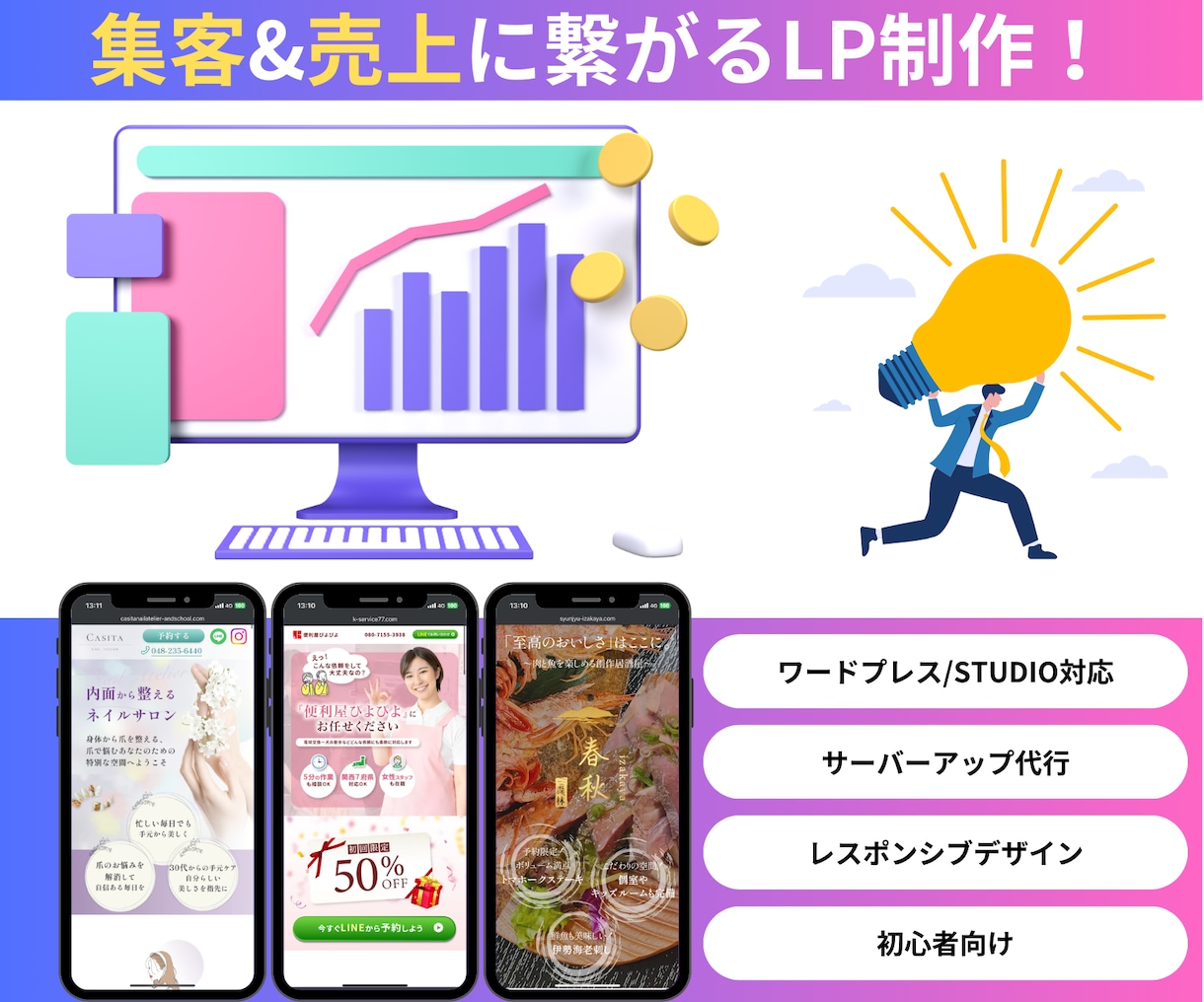 売れるデザインとコピーでLPを仕上げます 成果重視！集客と売上につながるLP制作ならお任せください！ イメージ1
