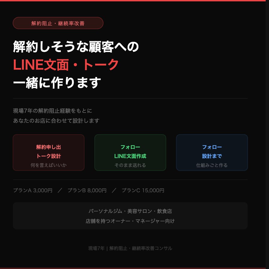 解約しそうな顧客へのLINE文面作ります 現場7年の解約阻止トーク・文面を一緒に設計 イメージ1