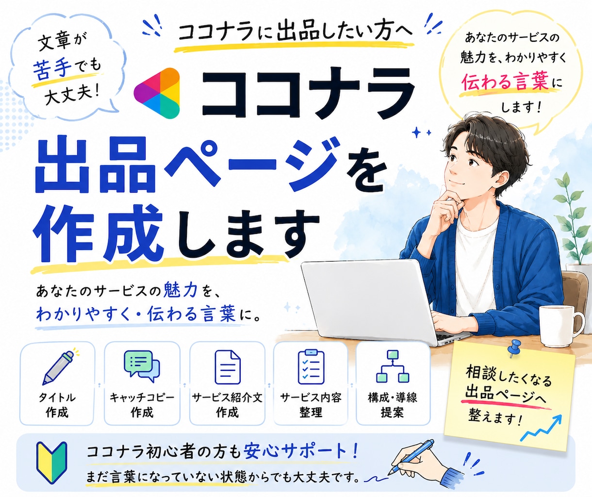 ココナラ出品ページを作成・改善します あなたのサービスの魅力をわかりやすく、伝わる言葉に。 イメージ1