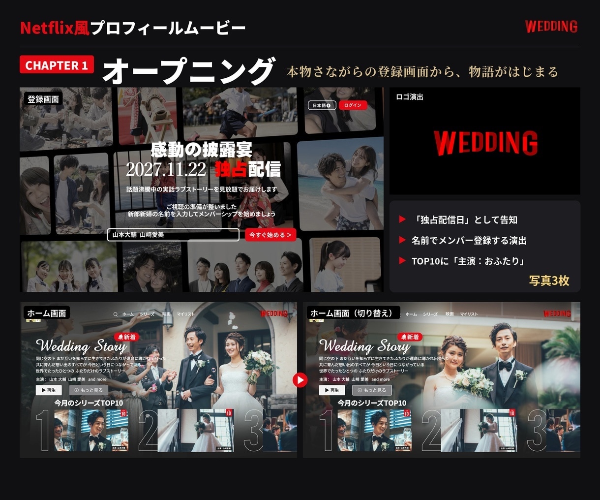 Netflix風プロフィールムービーを制作します 披露宴をふたりの独占配信に｜写真の向き自由・1シーン2枚OK イメージ4