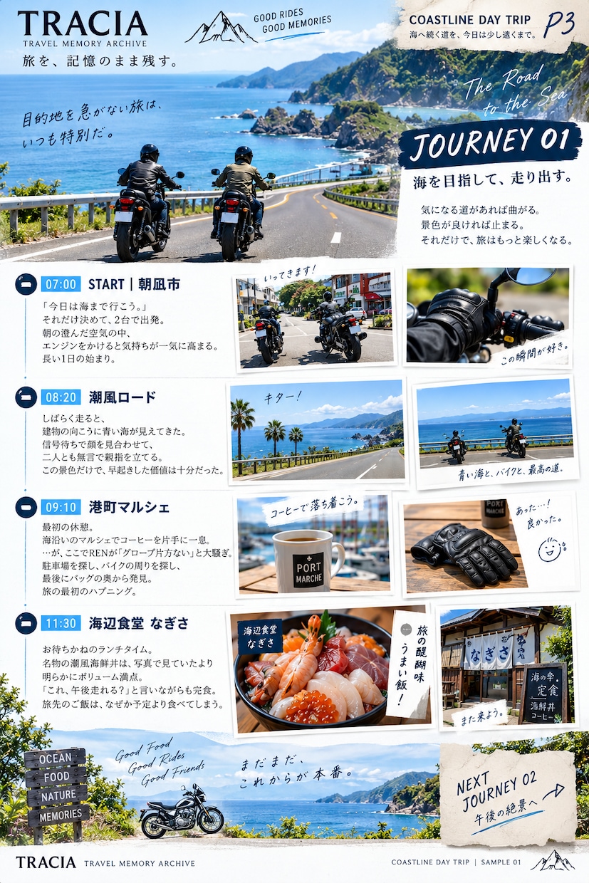 旅の思い出を5ページの記録作品に仕上げます 写真だけでは残せない、あの日の旅まで残します。 イメージ4