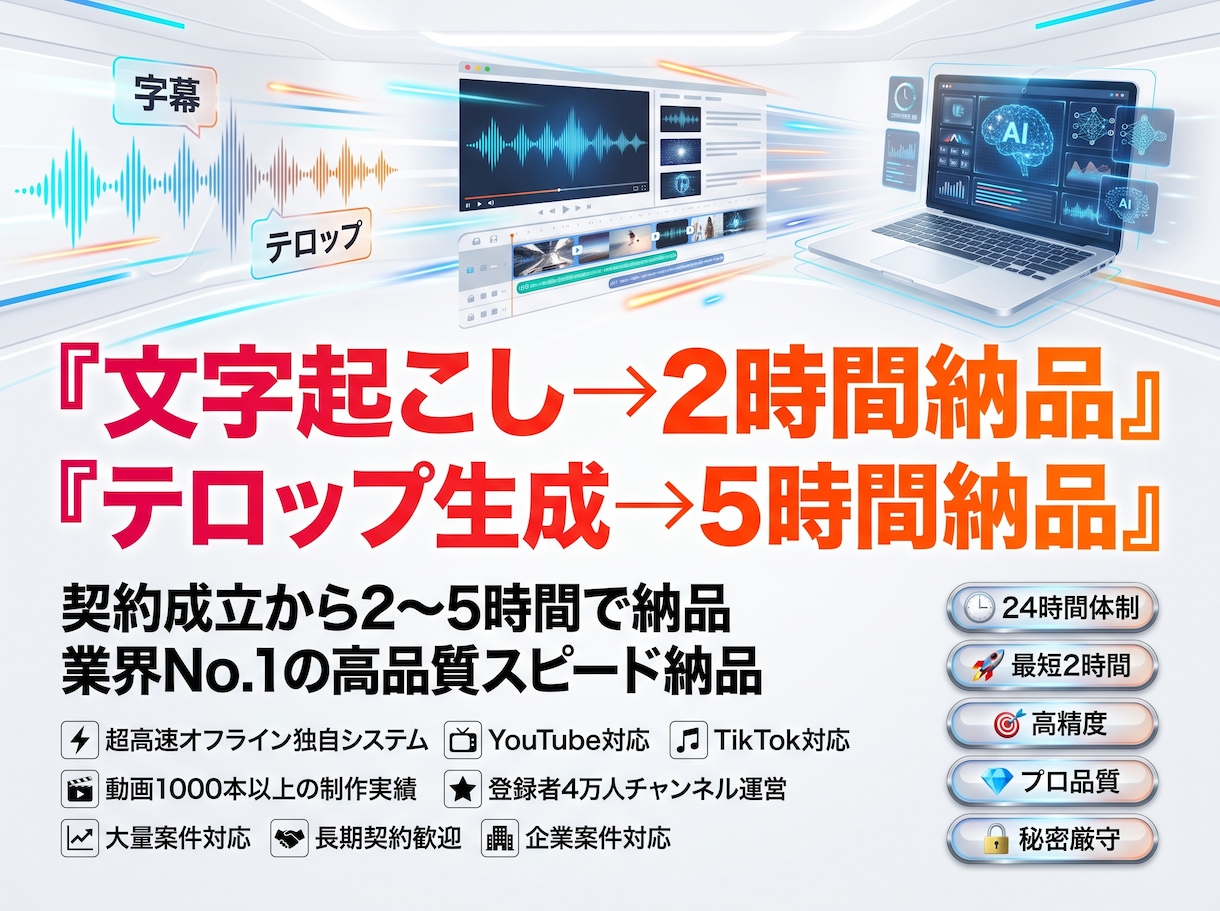 今すぐテロップ！文字起こし！に即日応えます 契約後すぐ着手！最短2時間納品。秘密厳守・高精度で対応します イメージ1