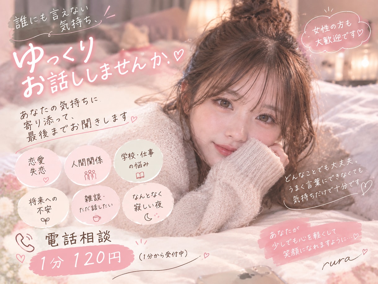 あなたの気持ちを否定せず、優しくお話をお聞きします 嬉しいことも、苦しいことも。雑談も気軽にどうぞ。 イメージ1