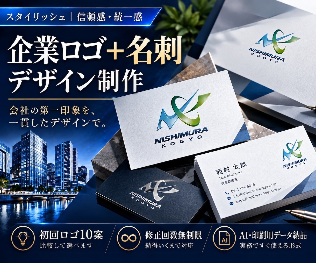 企業の信頼を伝えるロゴ＋名刺を一式制作します 初回モノクロロゴ10案／名刺デザインまで一貫制作／修正無制限 イメージ1
