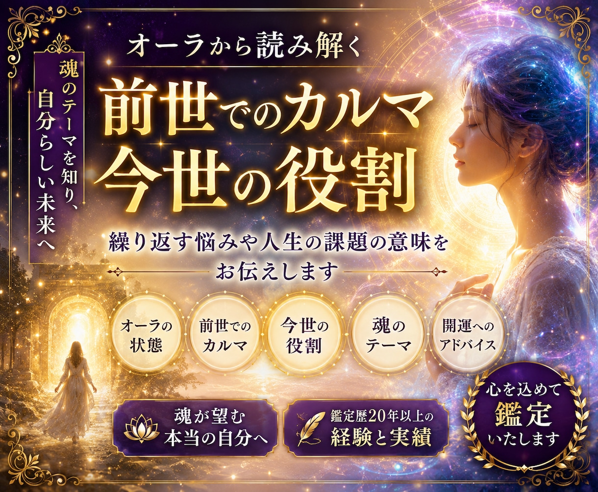 オーラから前世でのカルマ・今世の役割を読み解きます 繰り返す悩みや人生の課題の意味をお伝えします イメージ1
