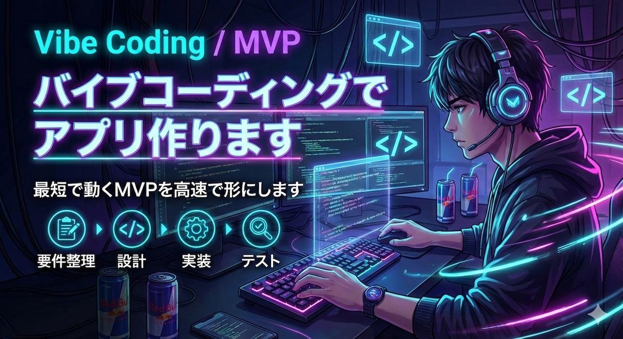 バイブコーディングでアプリ作ります 最短で動くMVPを高速で形にします。 イメージ1