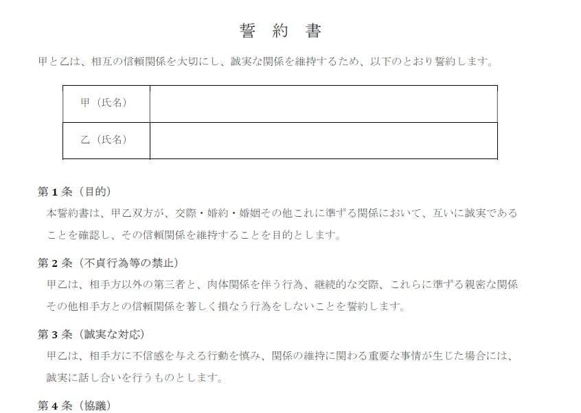 夫婦間・男女間の約束を誓約書・合意書にします 不倫・再構築・離婚前の約束を行政書士が文書化 イメージ2