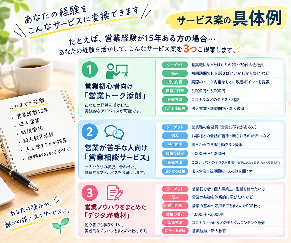 経験・強みから副業起業サービス案を3つ提案します 「自分には何ができる？」を一緒に整理します イメージ4