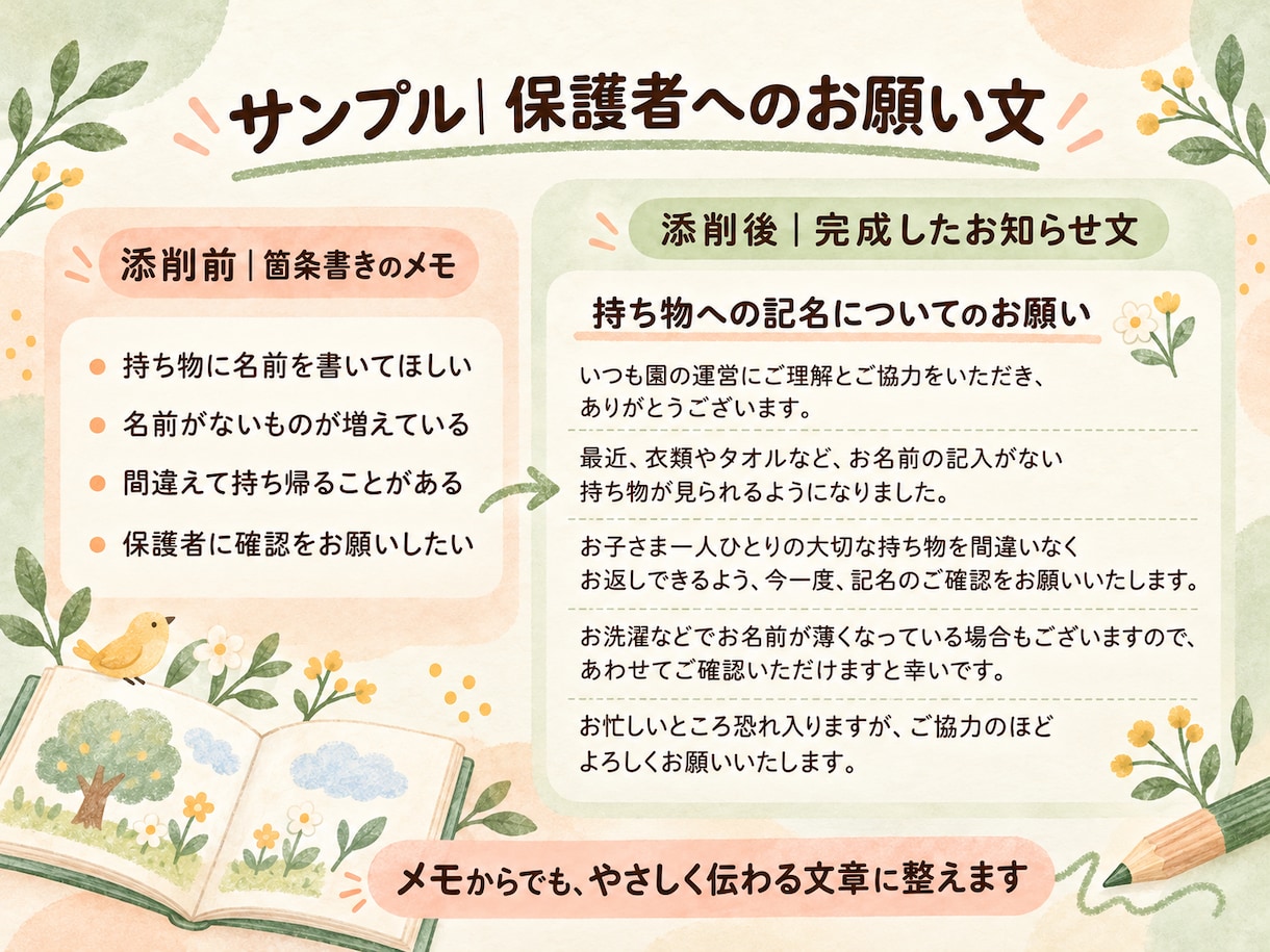 保育のおたより・保護者向け文章を作成します 園長経験を活かし、伝わるやさしい文章に。箇条書きからでも対応 イメージ2