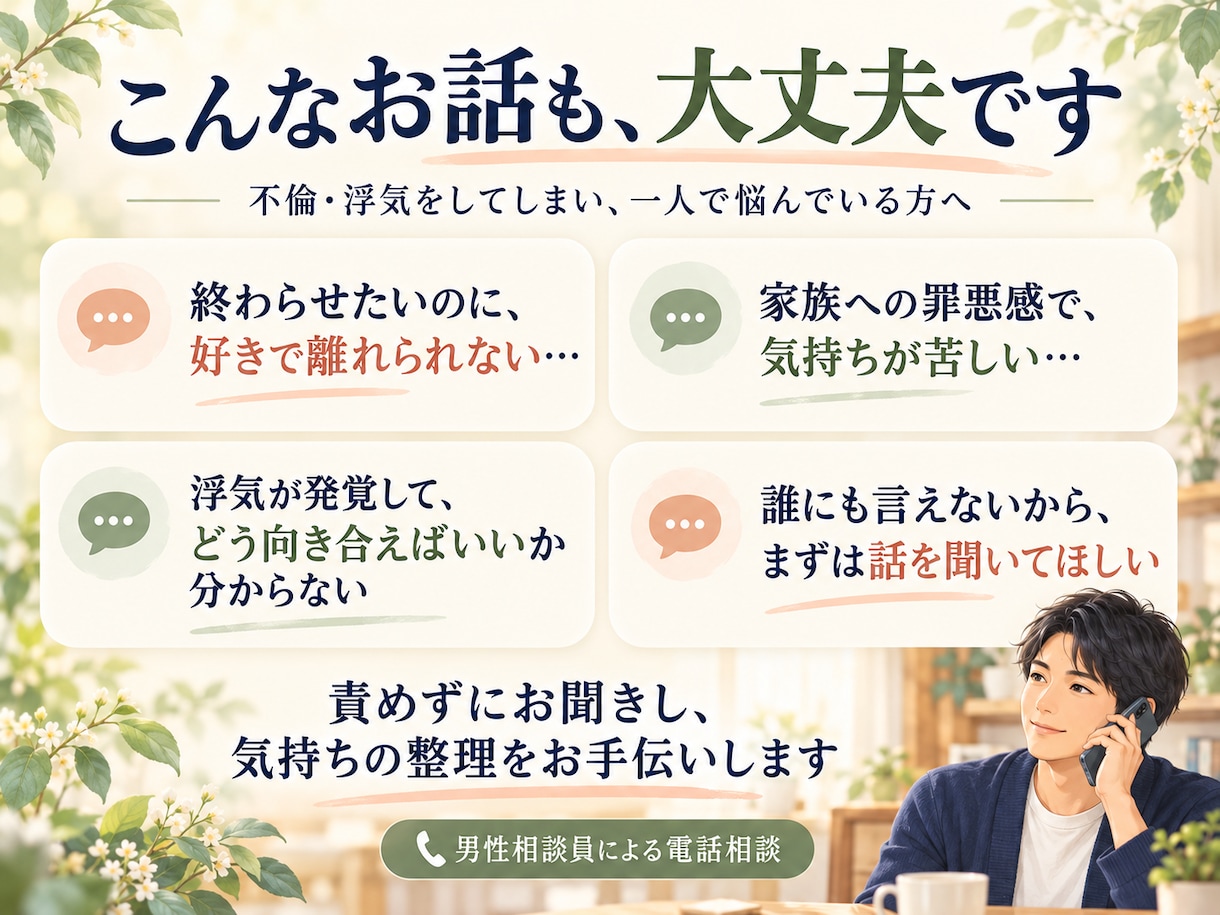 不倫・浮気をしてしまった方のお悩みをお聞きします 誰にも言えない恋や罪悪感、責めずにお聞きします イメージ2