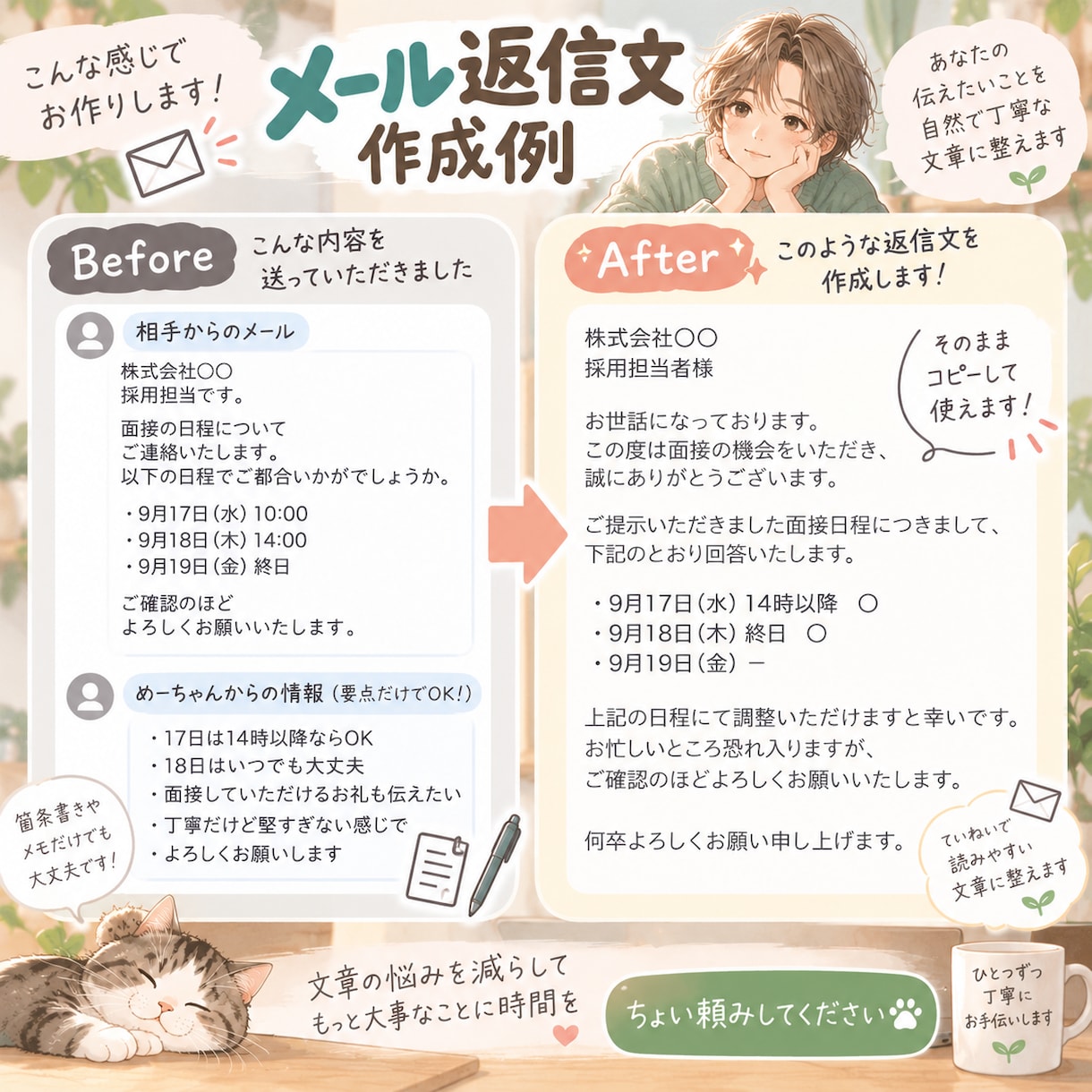 メール「なんて返そう？」返信文を作成します 伝えたいことだけ送れば、返信文に整えます イメージ2