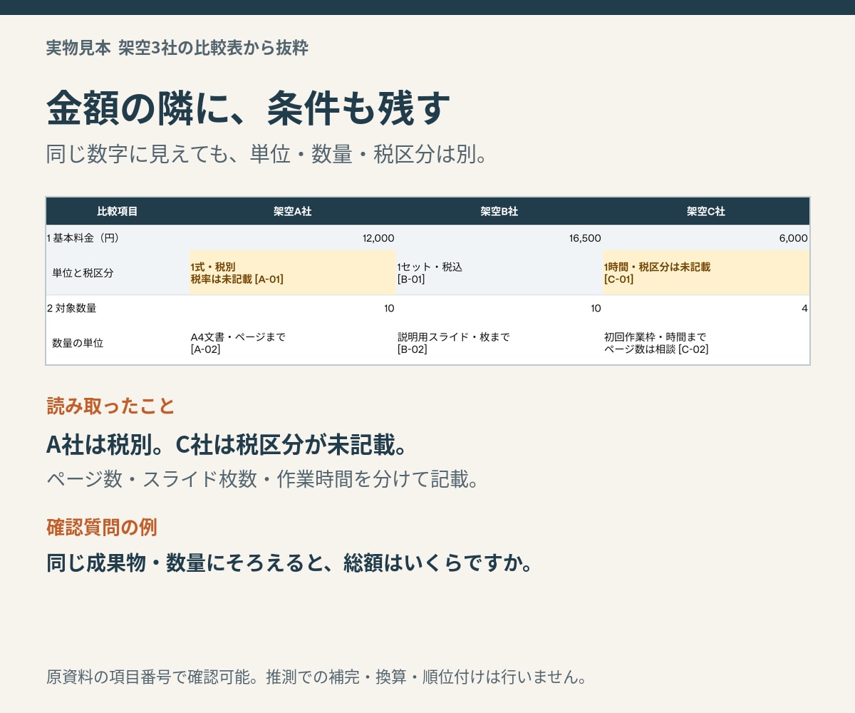 提供資料を同じ軸で比較表に整理します ３資料・８項目まで、条件差と未記載も見える表に イメージ2