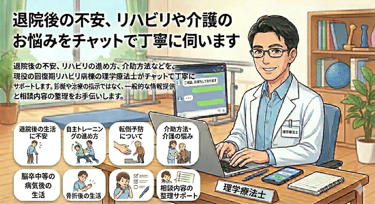 現役理学療法士がリハビリ相談に乗ります 退院後の不安や介護の悩みをチャットで気軽に相談 イメージ1