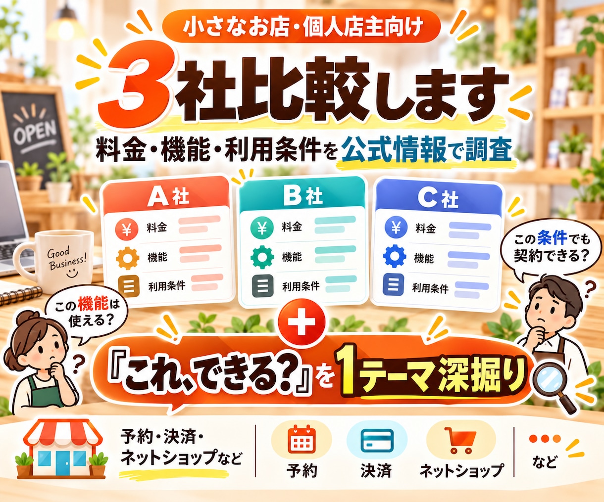 小さなお店・個人店主の「どれがいい？」を比較します 3社比較＋あなたの「これって、できる？」を1つ深掘りします。 イメージ2