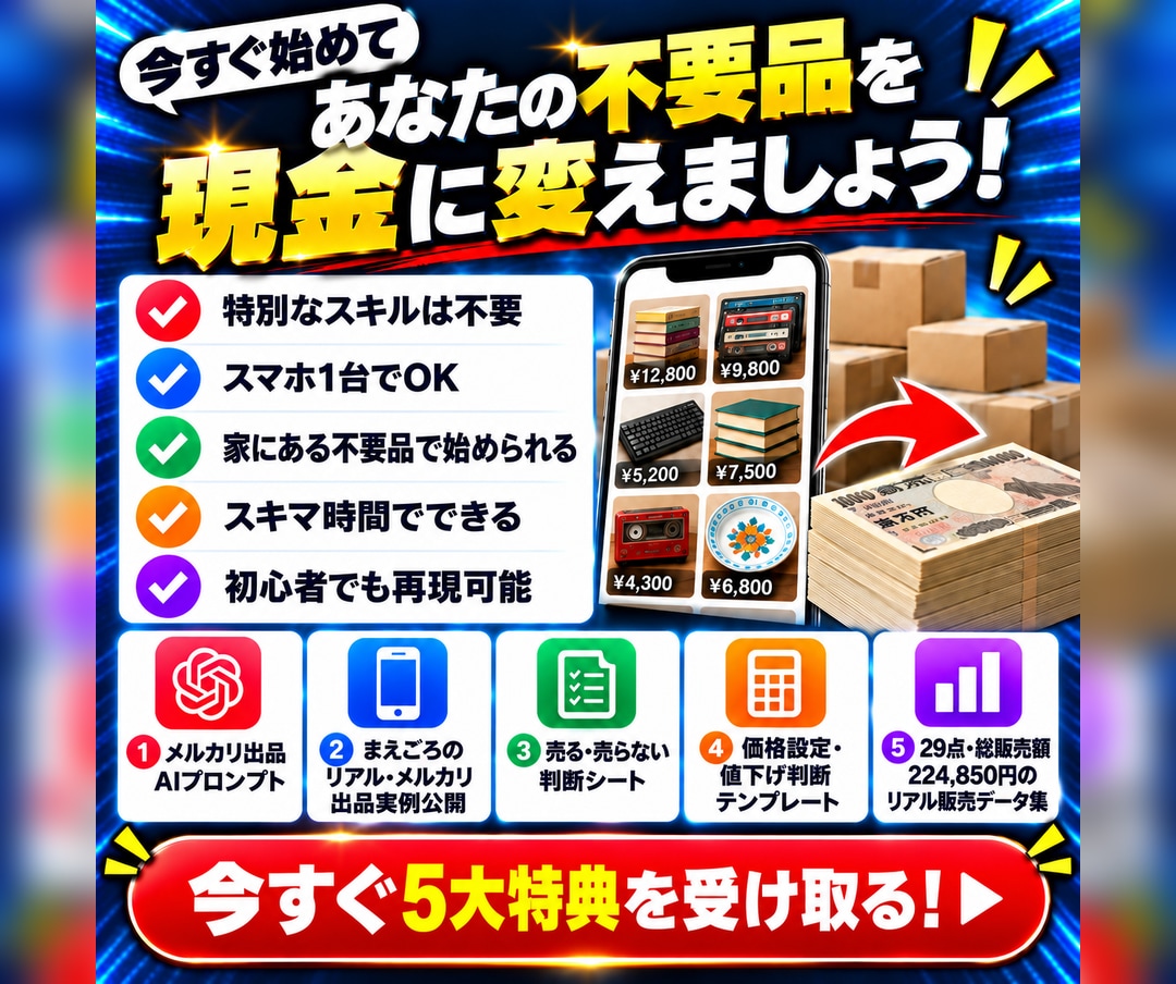 副業初心者向けメルカリ不用品販売を教えます 在宅副業で29点・総販売額224,850円の実績 イメージ8