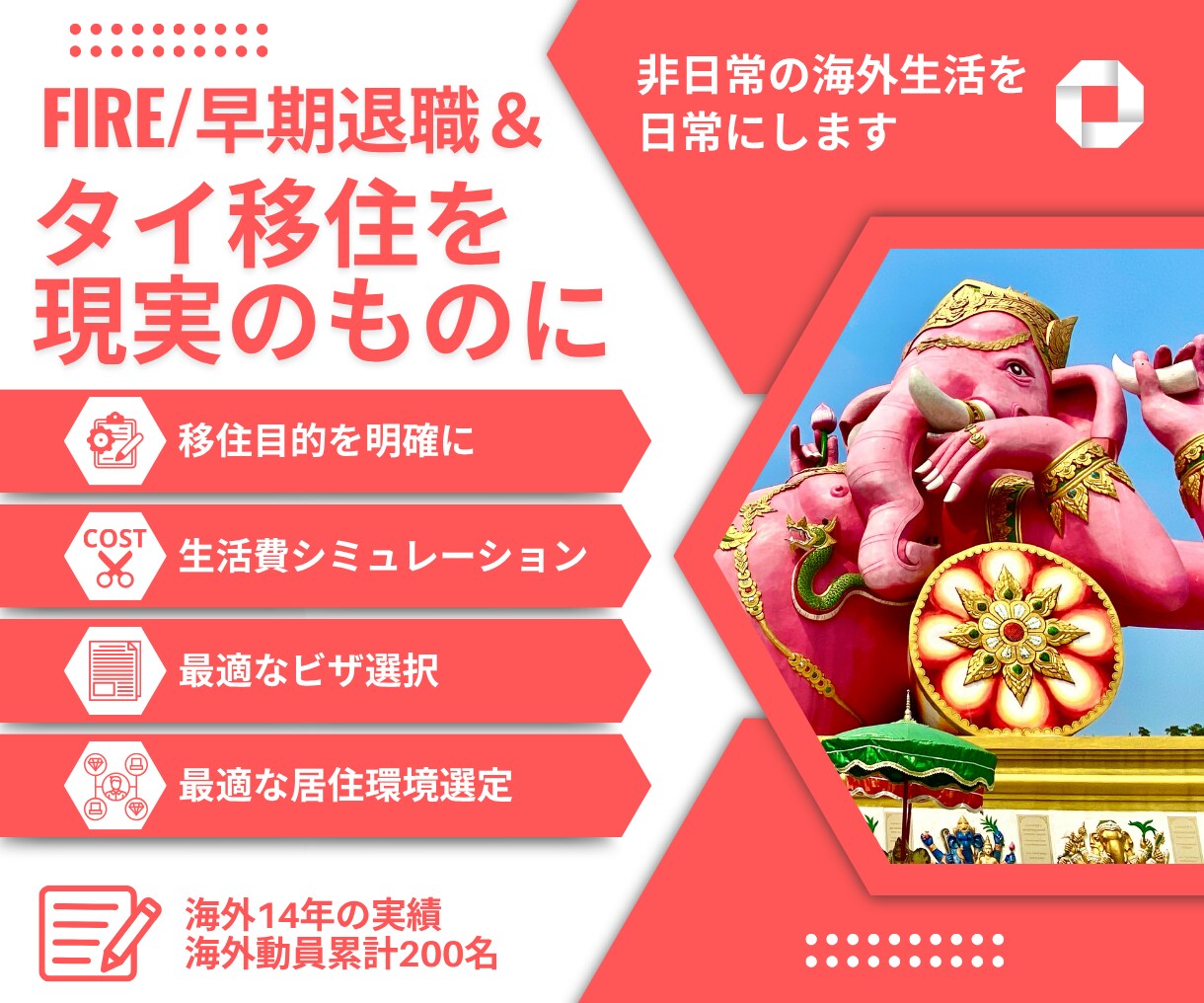 早期退職FIREｘタイ移住に向けて7日間伴走します 海外実績14年の視点で生活コストを最適化し、自由を最大化 イメージ1
