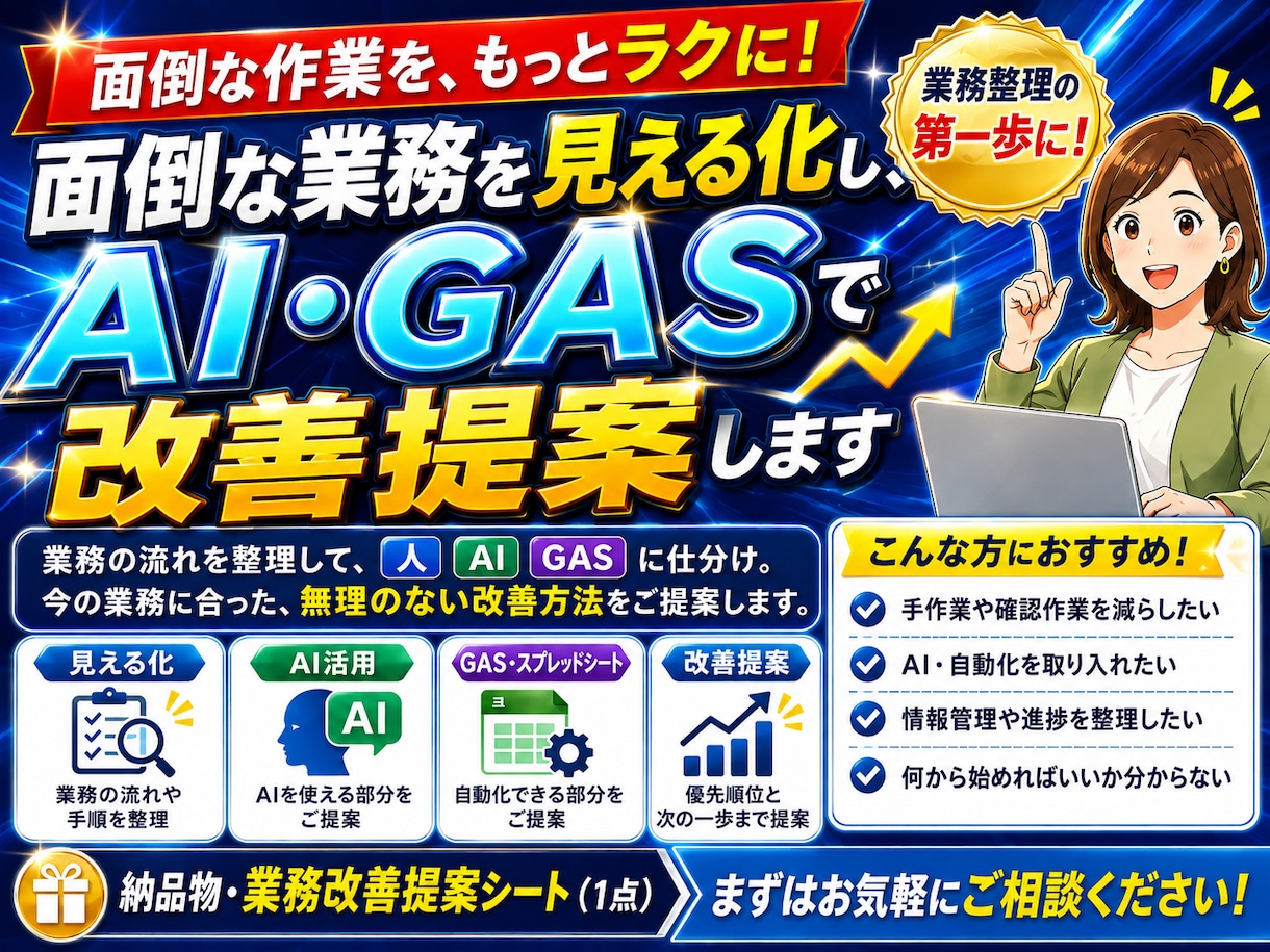 面倒な業務を見える化しAI・GASで改善提案します 業務を整理し、人・AI・GASに仕分けます。 イメージ1