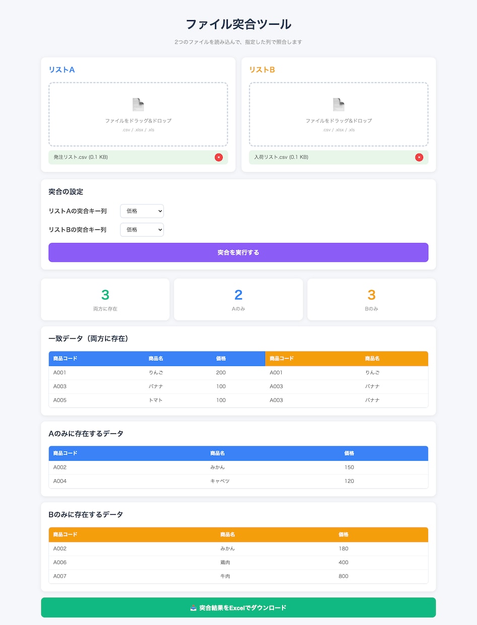 2つのExcelの照合、目視チェックなくします インストール不要・難しい操作なし・ブラウザだけでOK イメージ3