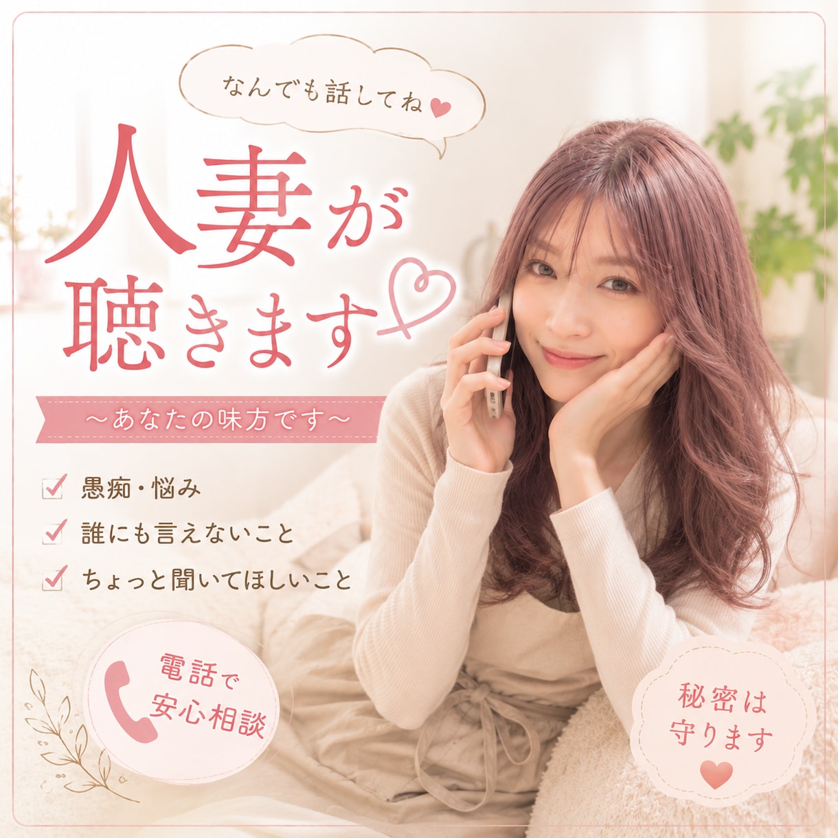 1分でも大丈夫♪人妻が聞きます 三児の母であり、妻でもあり、包容力全開で受け止めます♡ イメージ1