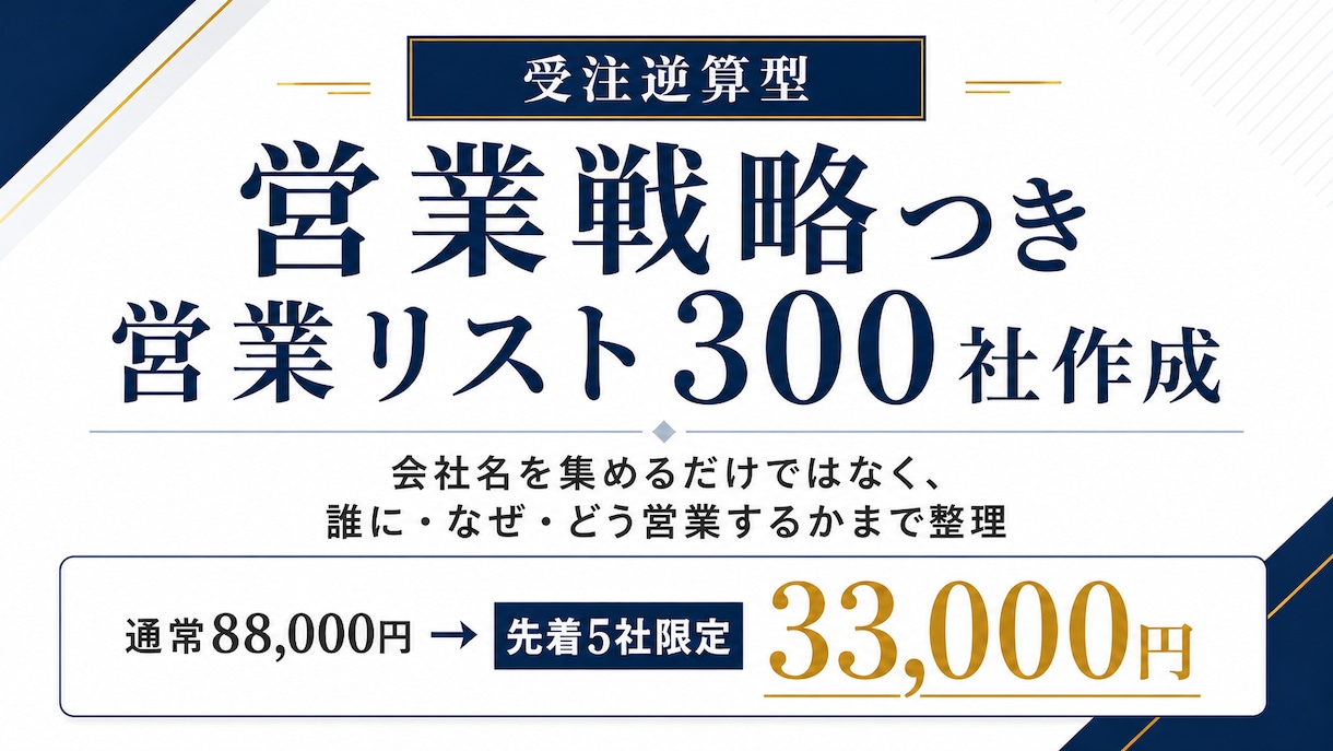 受注逆算型・営業リスト300社作成します 先着5社限定、期間限定モニター価格！！ イメージ1