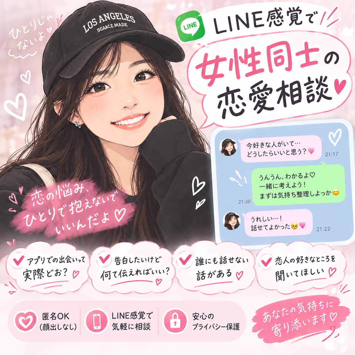 女性同士の恋愛誰にも言えないお悩み一緒に考えます 女性を好きになったあなたへ。気軽にお話ししませんか? イメージ1