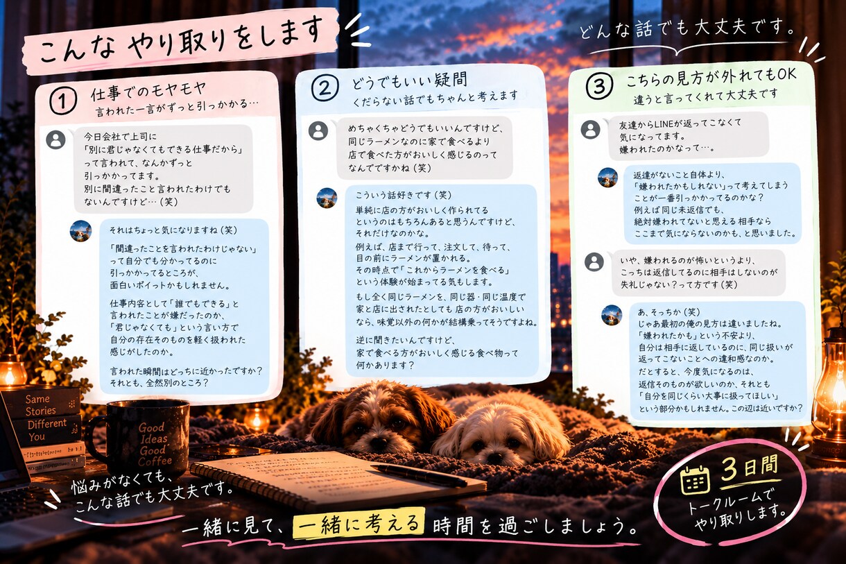 3日間、気になったことを一緒に考えます まとまってなくてOK。一緒に「なんで？」を考えます イメージ3