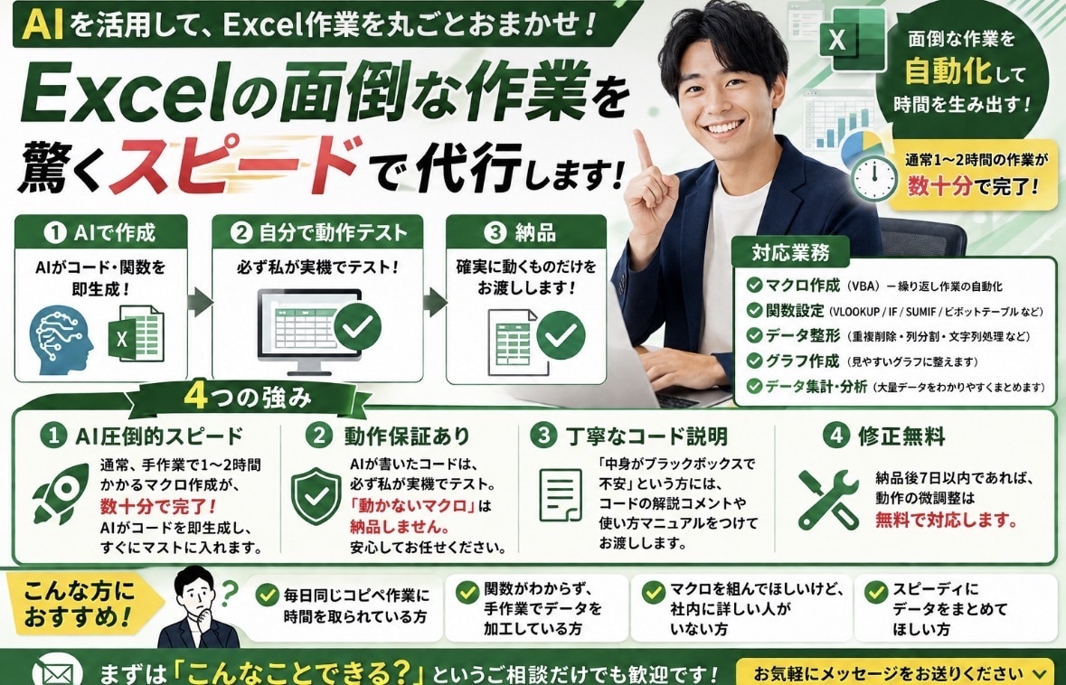 Excel作業をAIで即解決しますます マクロ・関数・データ整形を爆速代行 イメージ1