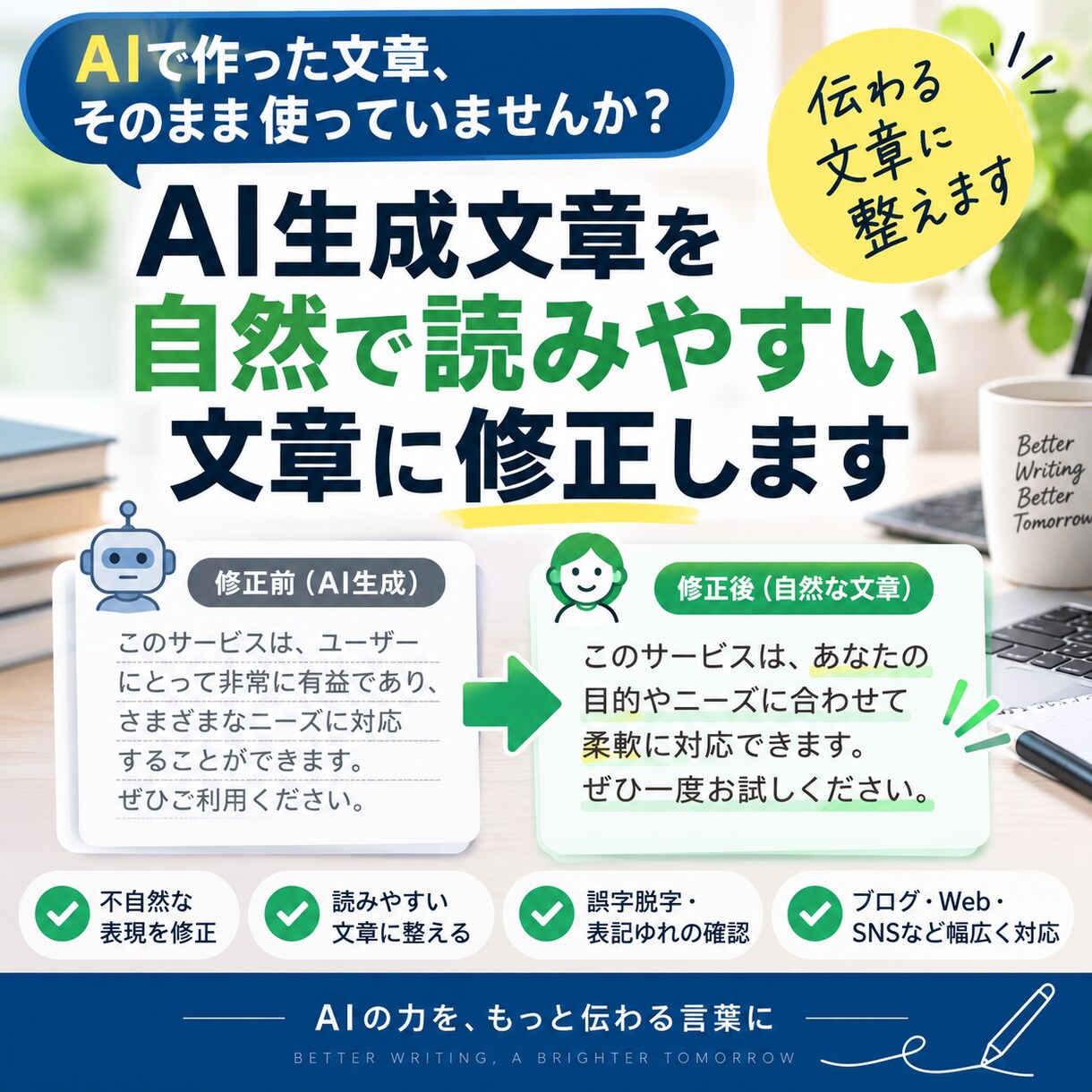 AI生成文章を自然で読みやすい文章に修正しますます AI文章の不自然さや違和感を人が読みやすく整えます イメージ1