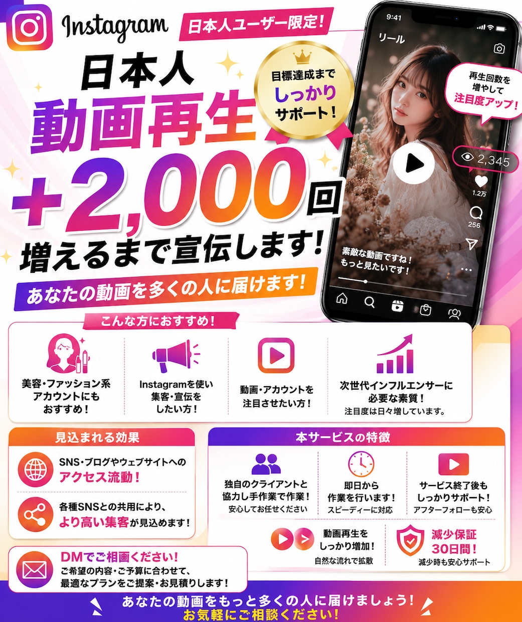 Instagram日本人再生2000回増やします 日本人再生＋2000回！動画のプロモーションをサポート イメージ1