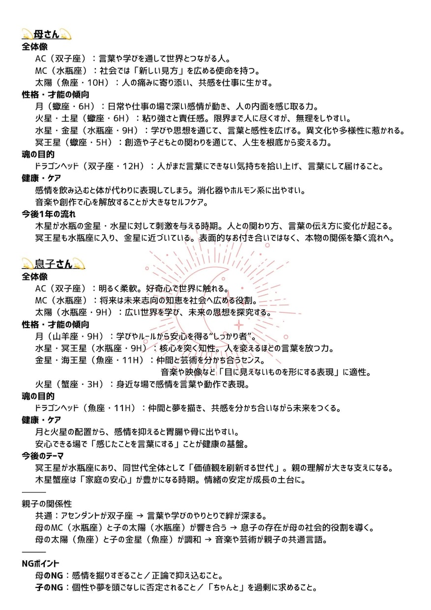 星読み・親子ホロスコープレポート作ります 親子のテーマ、性格・才能の傾向・育児ポイントを文章化します イメージ4