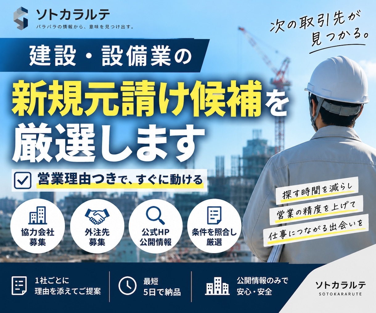 建設・設備業の新規元請け候補を厳選します 公開募集を横断し、営業理由つきで候補を整理します イメージ1