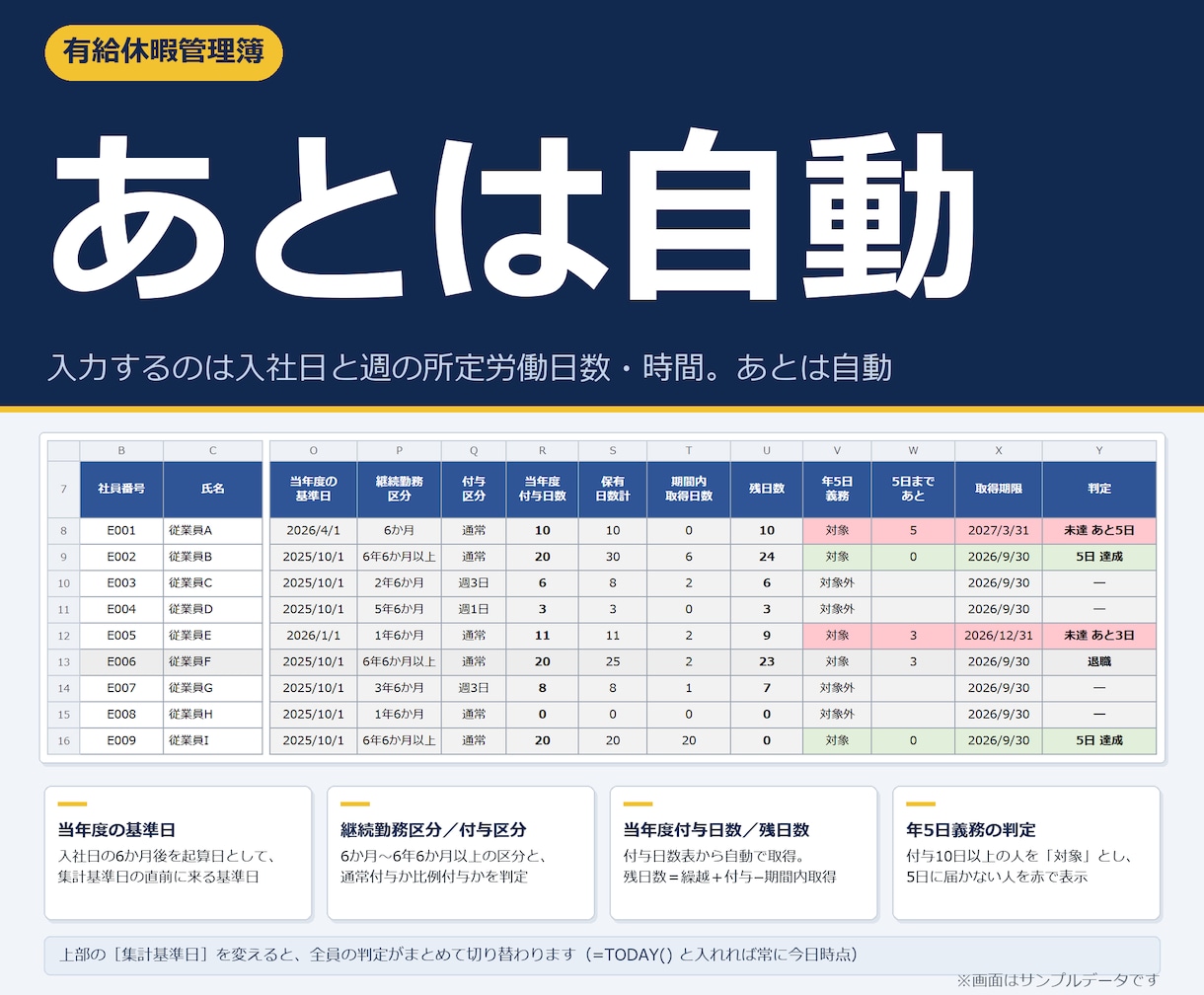 年次有給休暇管理簿エクセルを提供します Excel管理表テンプレート。年5日の未達も色で出ます イメージ3