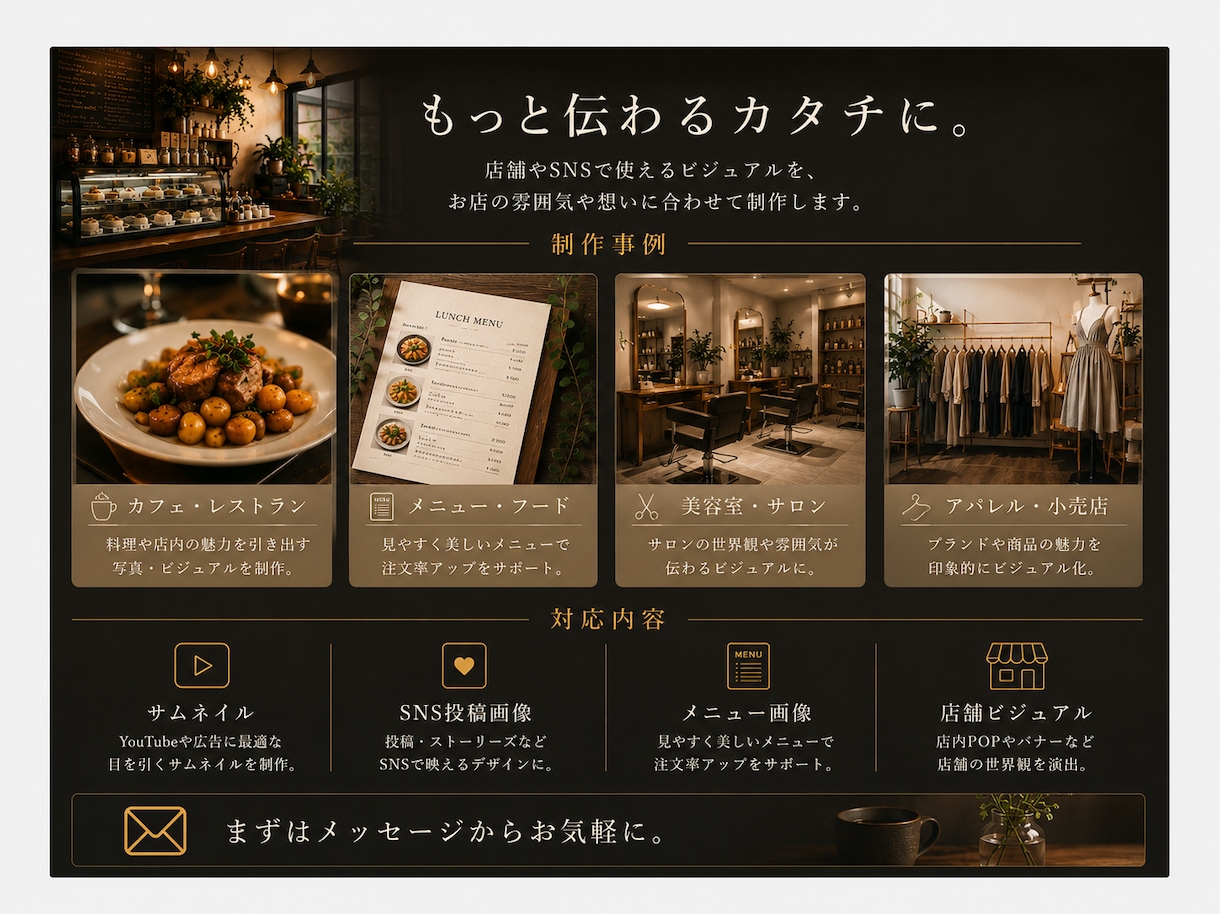店舗、SNSのビジュアル制作をします お店の魅力が他の人でも伝わるビジュアルへ。 イメージ2