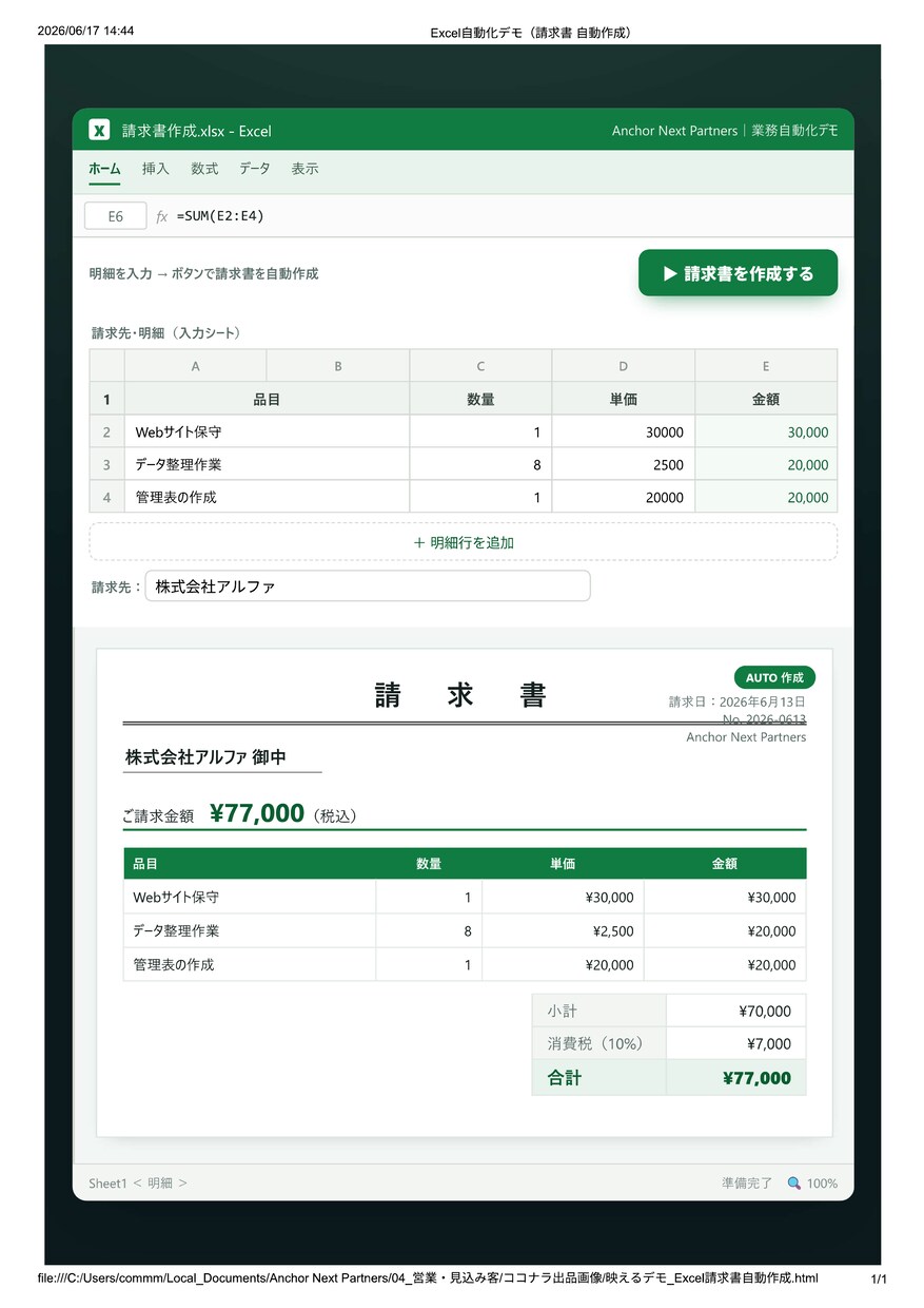 Excelの繰り返し作業をマクロで自動化します 毎日の入力や集計を、ボタン1つで終わる仕組みにします イメージ3