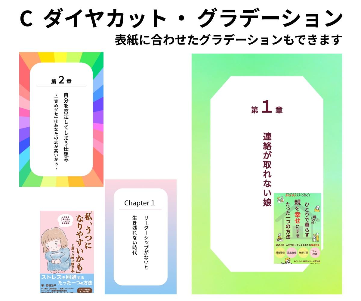 電子書籍の中のオリジナルでステキな中扉を作ります 書籍の表紙に合わせた章扉を色やデザインで個性を出しませんか？ イメージ4