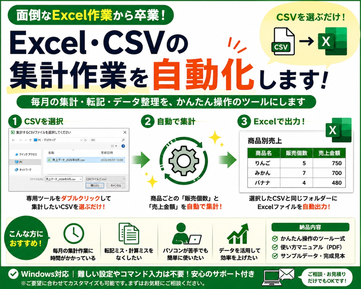 Excel・CSVの面倒な作業を自動化します 集計・転記・データ整理を簡単操作のツールにします イメージ2