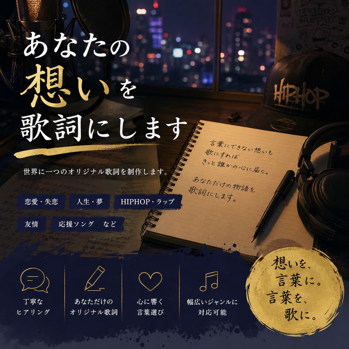 あなたの想いを歌詞にします 恋愛や人生、叶えたい想いをもとにオリジナル歌詞を制作します！ イメージ1