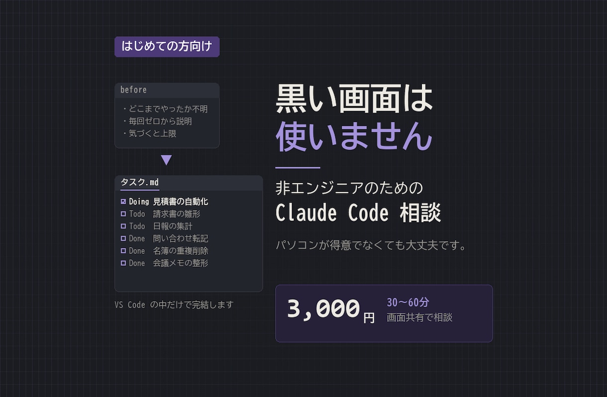 非エンジニアのClaude Code相談にのります 黒い画面を使わない方法から。画面共有で30〜60分 イメージ1