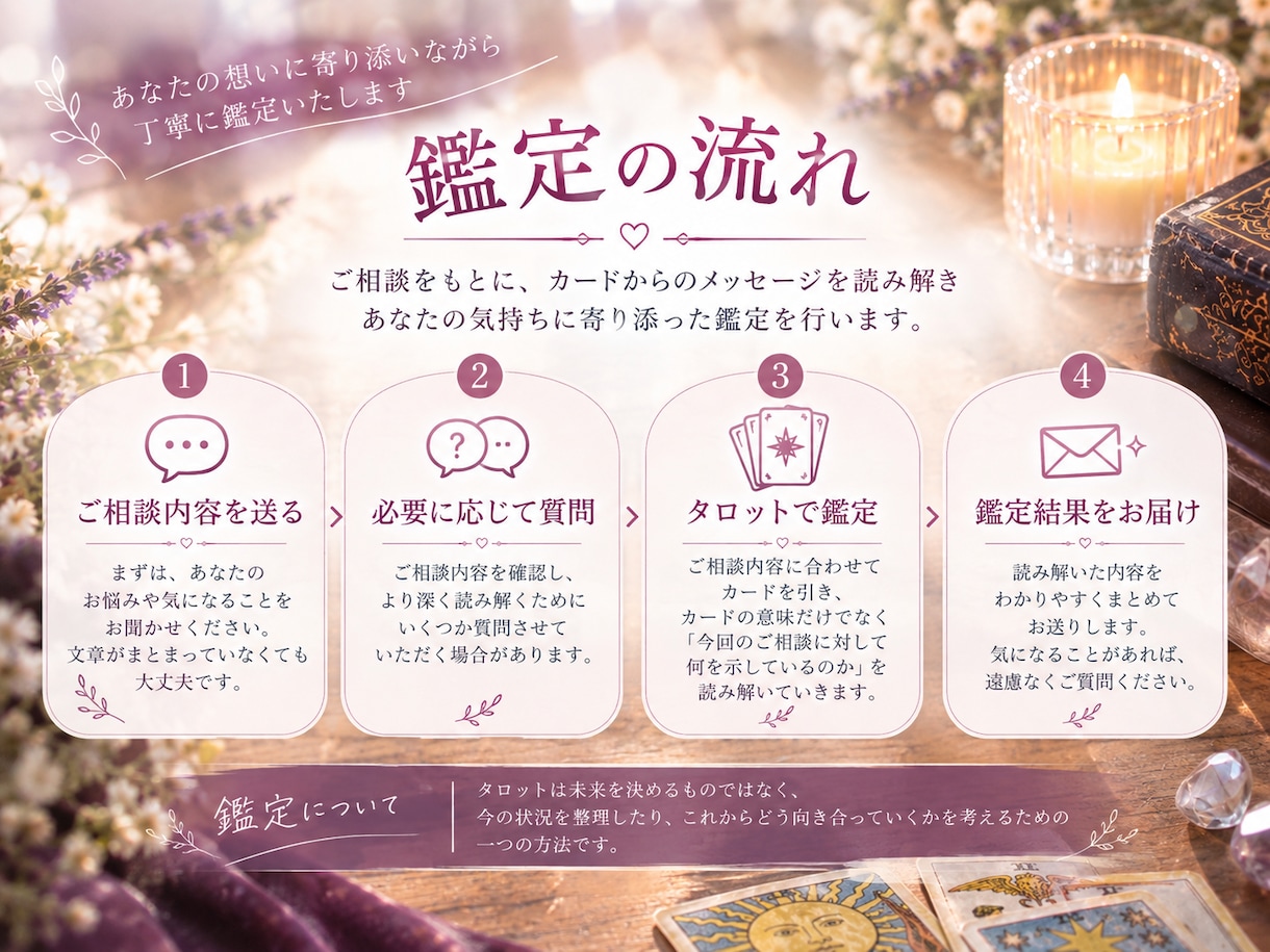 恋愛のお悩みをタロットで丁寧に鑑定します お悩みを丁寧に伺い、あなたの状況に合わせて読み解きます イメージ2