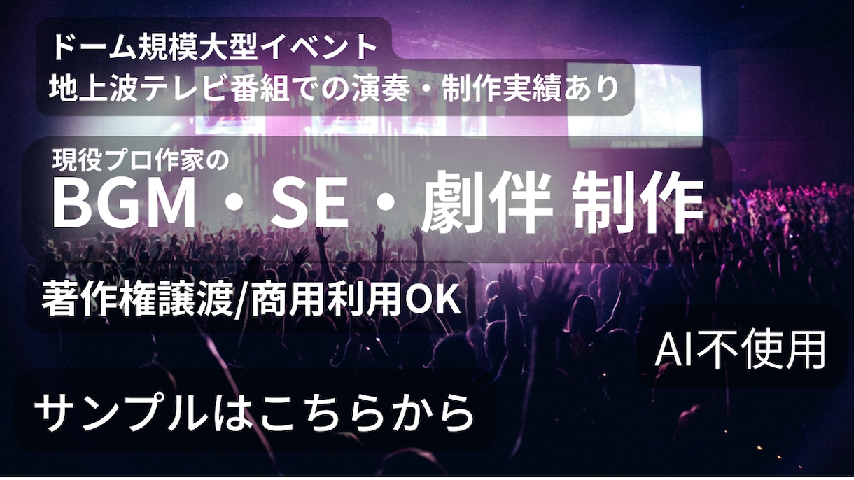 動画やイベントの世界観を音楽で最大限引き立てます ドーム級イベント実績ありのプロが演出に沿った音楽を作ります イメージ1