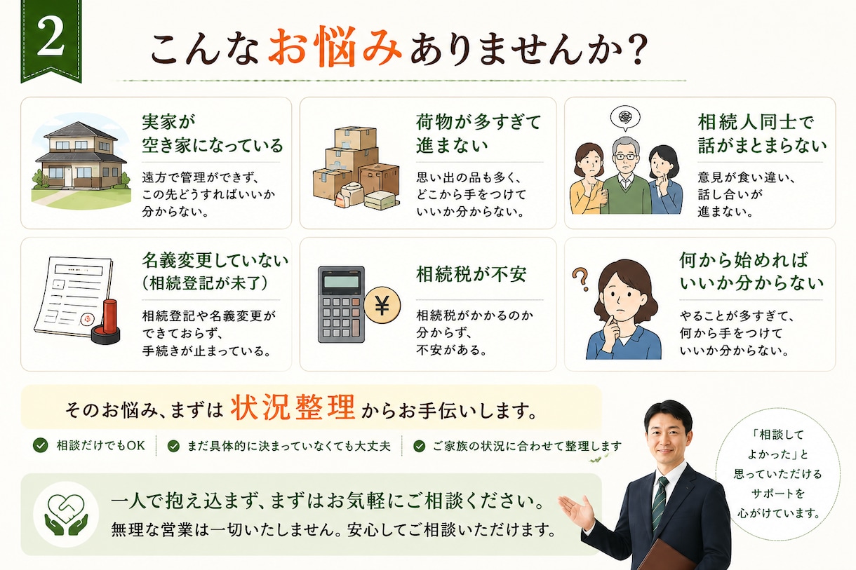 実家の相続と家じまい、何から始めるか整理します 相続案件数百件。税理士法人での実務経験をもとに相談を承ります イメージ2