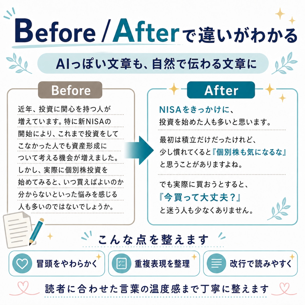 AIっぽい文章を自然にリライトします note・ブログを読みやすい文章に整えます イメージ2