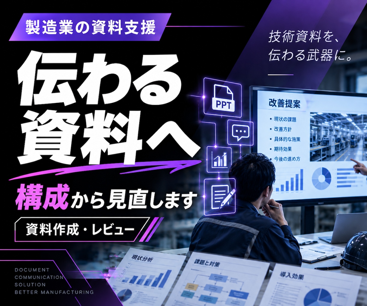 製造業DX・改善の社内説明資料をレビューします 技術資料を「経営層に伝わる資料」へ イメージ1
