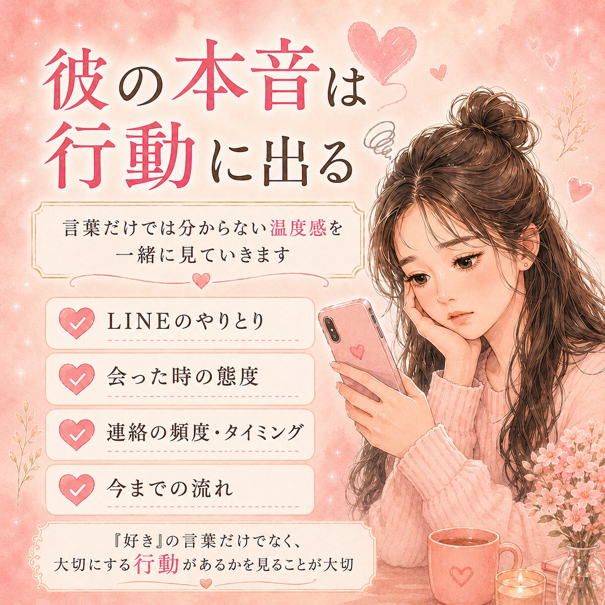 彼の本音と言動の違和感を一緒に見ます 彼の言葉より行動から温度感と違和感を一緒に見ます イメージ3